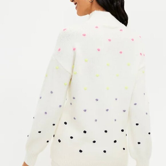 LOFT Bobble Pom Pom Knit Sweater Women's S White Ivory Multicolor Dot Mock Neck - Picture 1 of 7